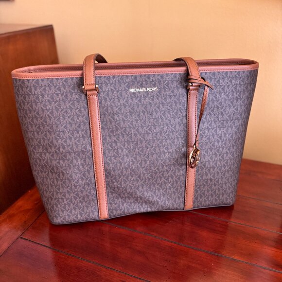 Michael Kors Sady Large Logo Canvas Top-Zip Laptop Travel Tote Brown - Picture 10 of 11